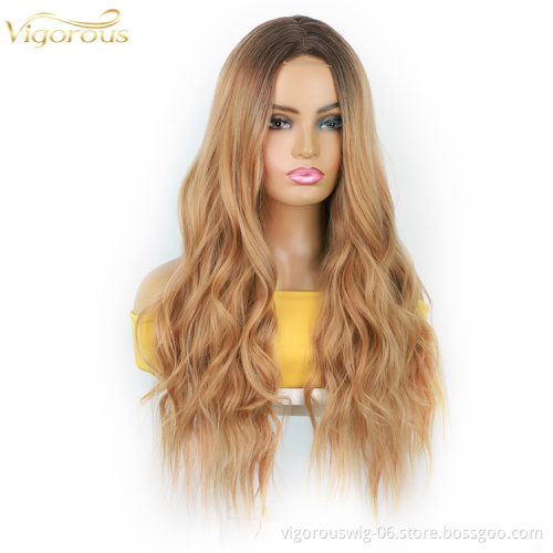 For Black Women Hot Selling Long Body Wave Vendor Ombre Light Blonde Dark Root Heat Resistant Fiber Synthetic Lace Hair Wigs